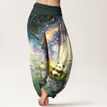 Buddha Stones Pure Cotton Starry Lotus Panda Pattern Women's Elastic Waist Harem Pants