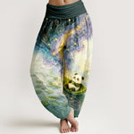 Buddha Stones Pure Cotton Starry Lotus Panda Pattern Women's Elastic Waist Harem Pants