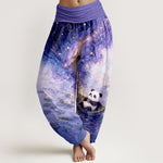 Buddha Stones Pure Cotton Starry Lotus Panda Pattern Women's Elastic Waist Harem Pants