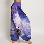 Buddha Stones Pure Cotton Starry Lotus Panda Pattern Women's Elastic Waist Harem Pants