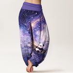 Buddha Stones Pure Cotton Starry Lotus Panda Pattern Women's Elastic Waist Harem Pants
