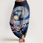 Buddha Stones Pure Cotton Starry Blossom Swirl Pattern Women's Elastic Waist Harem Pants