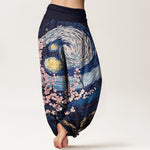 Buddha Stones Pure Cotton Starry Blossom Swirl Pattern Women's Elastic Waist Harem Pants