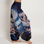 Buddha Stones Pure Cotton Starry Blossom Swirl Pattern Women's Elastic Waist Harem Pants