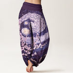 Buddha Stones Pure Cotton Starry Blossom Swirl Pattern Women's Elastic Waist Harem Pants