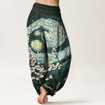 Buddha Stones Pure Cotton Starry Blossom Swirl Pattern Women's Elastic Waist Harem Pants