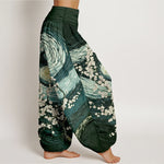 Buddha Stones Pure Cotton Starry Blossom Swirl Pattern Women's Elastic Waist Harem Pants