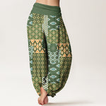 Buddha Stones Pure Cotton Bohemian Geometric Patchwork Pattern Women's Elastic Waist Harem Pants