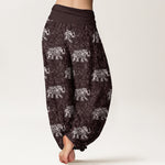 Buddha Stones Pure Cotton White Elephant Pattern Women's Elastic Waist Harem Pants