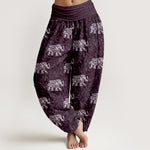 Buddha Stones Pure Cotton White Elephant Pattern Women's Elastic Waist Harem Pants