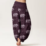 Buddha Stones Pure Cotton White Elephant Pattern Women's Elastic Waist Harem Pants