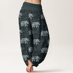 Buddha Stones Pure Cotton White Elephant Pattern Women's Elastic Waist Harem Pants