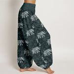 Buddha Stones Pure Cotton White Elephant Pattern Women's Elastic Waist Harem Pants