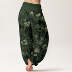 Buddha Stones Pure Cotton Vintage Lotus Floral Pattern Women's Elastic Waist Harem Pants