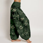 Buddha Stones Pure Cotton Vintage Lotus Floral Pattern Women's Elastic Waist Harem Pants