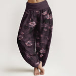 Buddha Stones Pure Cotton Vintage Lotus Floral Pattern Women's Elastic Waist Harem Pants