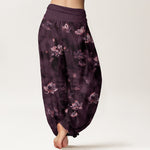 Buddha Stones Pure Cotton Vintage Lotus Floral Pattern Women's Elastic Waist Harem Pants