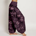 Buddha Stones Pure Cotton Vintage Lotus Floral Pattern Women's Elastic Waist Harem Pants