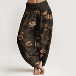 Buddha Stones Pure Cotton Vintage Lotus Floral Pattern Women's Elastic Waist Harem Pants