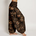 Buddha Stones Pure Cotton Vintage Lotus Floral Pattern Women's Elastic Waist Harem Pants