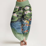 Buddha Stones Cotton Lotus Koi Pond Pattern Women's Elastic Waist Harem Pants