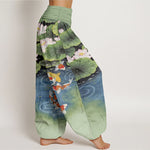 Buddha Stones Cotton Lotus Koi Pond Pattern Women's Elastic Waist Harem Pants
