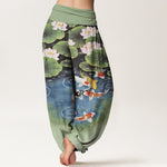 Buddha Stones Cotton Lotus Koi Pond Pattern Women's Elastic Waist Harem Pants