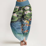 Buddha Stones Cotton Lotus Koi Pond Pattern Women's Elastic Waist Harem Pants