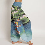 Buddha Stones Cotton Lotus Koi Pond Pattern Women's Elastic Waist Harem Pants