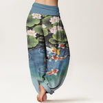 Buddha Stones Cotton Lotus Koi Pond Pattern Women's Elastic Waist Harem Pants