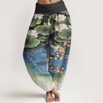 Buddha Stones Cotton Lotus Koi Pond Pattern Women's Elastic Waist Harem Pants