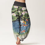 Buddha Stones Cotton Lotus Koi Pond Pattern Women's Elastic Waist Harem Pants