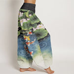 Buddha Stones Cotton Lotus Koi Pond Pattern Women's Elastic Waist Harem Pants