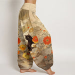 Buddha Stones Pure Cotton Vintage Black Cat Floral Pattern Women's Elastic Waist Harem Pants