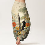 Buddha Stones Pure Cotton Vintage Black Cat Floral Pattern Women's Elastic Waist Harem Pants