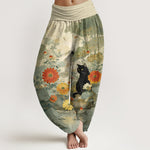 Buddha Stones Pure Cotton Vintage Black Cat Floral Pattern Women's Elastic Waist Harem Pants