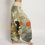 Buddha Stones Pure Cotton Vintage Black Cat Floral Pattern Women's Elastic Waist Harem Pants