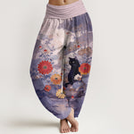 Buddha Stones Pure Cotton Vintage Black Cat Floral Pattern Women's Elastic Waist Harem Pants