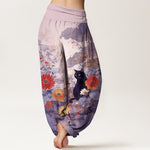 Buddha Stones Pure Cotton Vintage Black Cat Floral Pattern Women's Elastic Waist Harem Pants