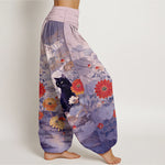 Buddha Stones Pure Cotton Vintage Black Cat Floral Pattern Women's Elastic Waist Harem Pants