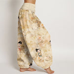 Buddha Stones Pure Cotton Vintage Floral Figure Pattern Women's Elastic Waist Harem Pants