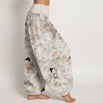 Buddha Stones Pure Cotton Vintage Floral Figure Pattern Women's Elastic Waist Harem Pants