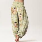 Buddha Stones Pure Cotton Vintage Floral Figure Pattern Women's Elastic Waist Harem Pants