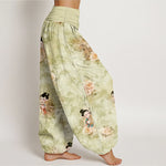 Buddha Stones Pure Cotton Vintage Floral Figure Pattern Women's Elastic Waist Harem Pants