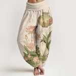 Buddha Stones Pure Cotton Lotus Cat Pattern Women's Elastic Waist Harem Pants