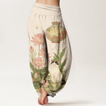 Buddha Stones Pure Cotton Lotus Cat Pattern Women's Elastic Waist Harem Pants