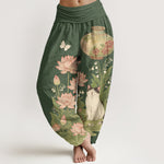 Buddha Stones Pure Cotton Lotus Cat Pattern Women's Elastic Waist Harem Pants