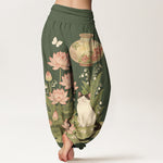 Buddha Stones Pure Cotton Lotus Cat Pattern Women's Elastic Waist Harem Pants