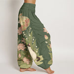 Buddha Stones Pure Cotton Lotus Cat Pattern Women's Elastic Waist Harem Pants