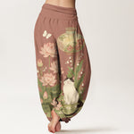 Buddha Stones Pure Cotton Lotus Cat Pattern Women's Elastic Waist Harem Pants